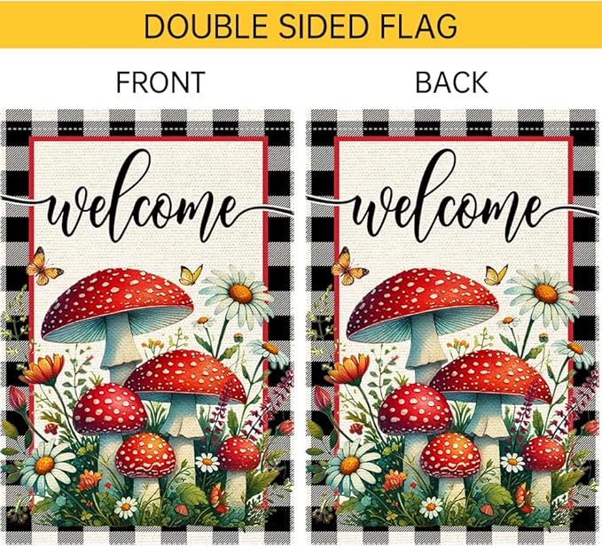 Welcome Mushrooms Garden Flag 12x18 Inch Burlap Double Sided, Buffalo Plaid Flowers Butterfly Colorful Floral Small Home Yard Outdoor Lawn Decor Rustic Farmhouse Flags Decorations