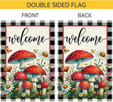 Welcome Mushrooms Garden Flag 12x18 Inch Burlap Double Sided, Buffalo Plaid Flowers Butterfly Colorful Floral Small Home Yard Outdoor Lawn Decor Rustic Farmhouse Flags Decorations