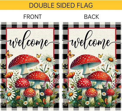 Welcome Mushrooms Garden Flag 12x18 Inch Burlap Double Sided, Buffalo Plaid Flowers Butterfly Colorful Floral Small Home Yard Outdoor Lawn Decor Rustic Farmhouse Flags Decorations