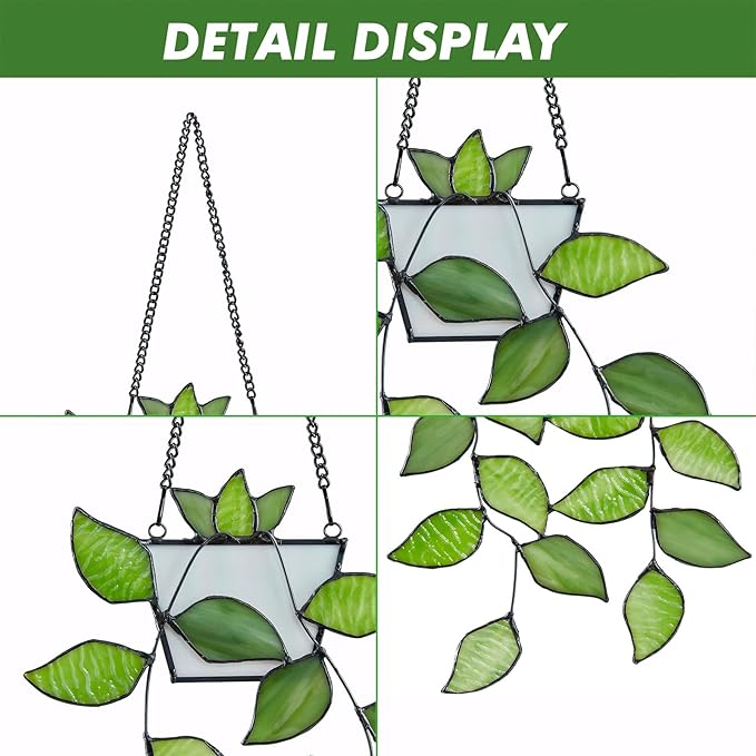 Stained Glass Leaf Hanging with Metal Chain, Green Window Decoration for Home, Gift for Mom, Father & Nature Lovers.
