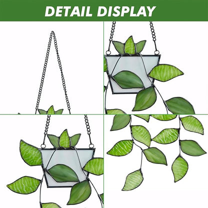Stained Glass Leaf Hanging with Metal Chain, Green Window Decoration for Home, Gift for Mom, Father & Nature Lovers.