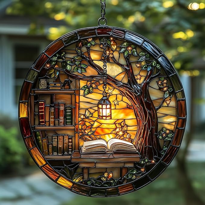 Forest Library Bookshelves Acrylic Suncatcher Stained Glass Effect Window Car Hanging Christmas Ornament Indoor Outdoor Decor Garden Sun Catcher Panel for Book Lover for Women Mom Grandma