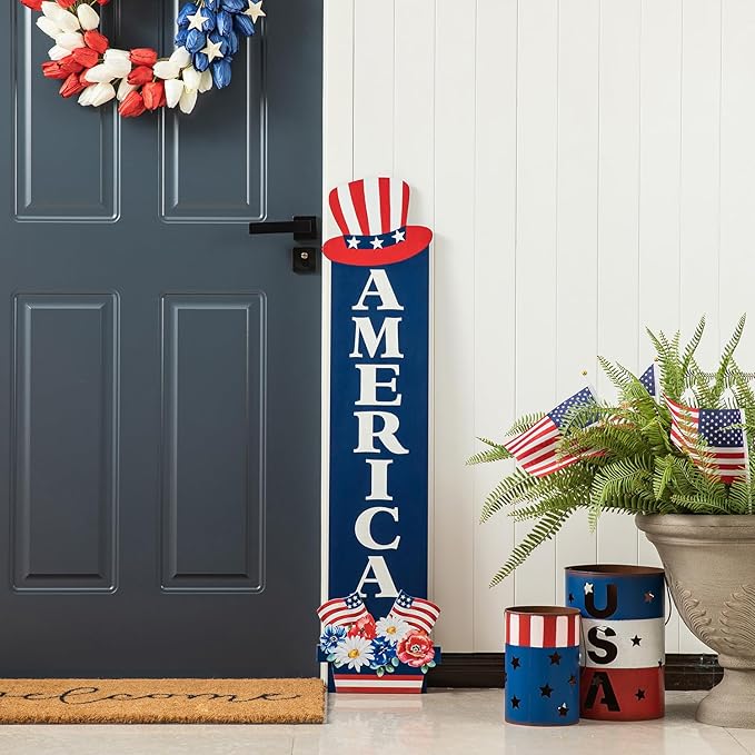 Glitzhome Patriotic 4th of July Independence Day Porch Sign Decor Memorial Day 42"H Americana Wooden "AMERICA" Porch Decor Hanging Sign Front Door Porch Standing Decorative Signs Plaques
