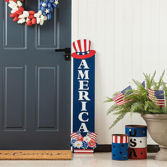 Glitzhome Patriotic 4th of July Independence Day Porch Sign Decor Memorial Day 42"H Americana Wooden "AMERICA" Porch Decor Hanging Sign Front Door Porch Standing Decorative Signs Plaques