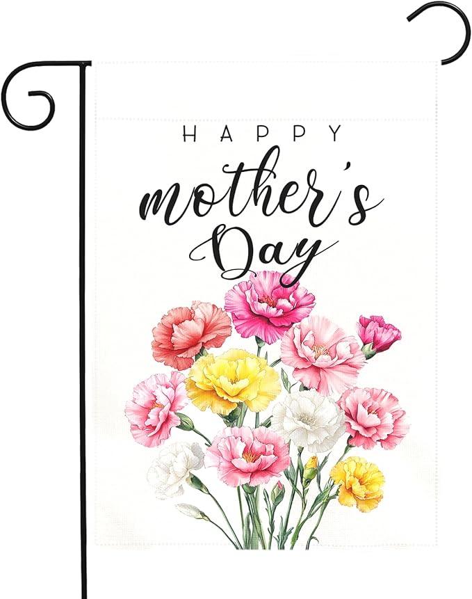 Happy Mother’s Day Garden Flag Floral Carnation Yard Flag for Mom Elegant Spring Flower Outdoor Decor Mothers Day Gift Garden Lawn Porch Patio Double Sided Welcome Flags 12x18 Inch