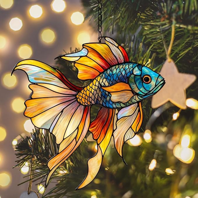 Rainbow Beta Fish Acrylic Suncatcher Stained Glass Effect Window Car Hanging Christmas Ornament Indoor Outdoor Decor Garden Sun Catcher Panel for Acrylic Suncatcher Lover for Women Mom Grandma