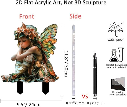Flower Fairy Garden Stake Decor, 2D Flat Acrylic Elf Garden Sign with Stake, Fairy with Magic Sign for Indoor Outdoor Yard Lawn Balcony Pot Plants (Colorful Green Fairy)