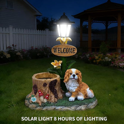20" Solar Cavalier King Charles Spaniel Garden Statue with Welcome Sign & Planter - Large Dog Sculpture with LED Street Lantern - Weatherproof Resin Tree Stump Flower Pot for Porch, Yard & Patio