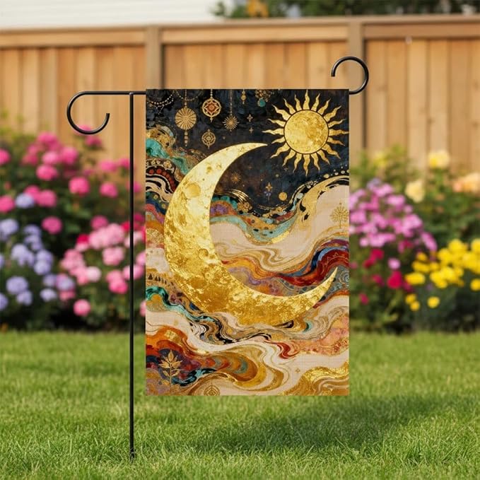 Sun and Moon Garden Flag for Outdoor Decor, Double Sided Seasonal Yard Flag with Golden Celestial Design, 12x18 Inch, Pole Not Included