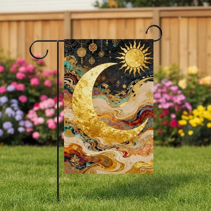 Sun and Moon Garden Flag for Outdoor Decor, Double Sided Seasonal Yard Flag with Golden Celestial Design, 12x18 Inch, Pole Not Included