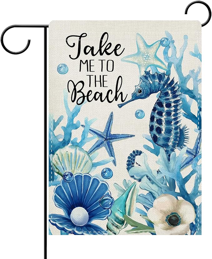 Dyrenson Summer Take Me To The Beach Decorative Garden Flag, Coastal Seahorse Starfish Conch Coral Yard Outside Home Decoration, Spring Anemone Burlap Outdoor Small Decor Double Sided 12 x 18
