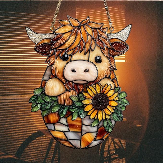 Mosaic Highland Cow and Sunflowers Acrylic Suncatcher Stained Glass Effect Window Car Hanging Christmas Ornament Indoor Outdoor Decor Garden Sun Catcher Panel for Cow Lover for Women Mom Grandma