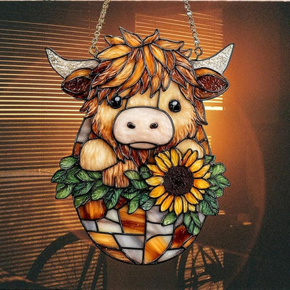 Mosaic Highland Cow and Sunflowers Acrylic Suncatcher Stained Glass Effect Window Car Hanging Christmas Ornament Indoor Outdoor Decor Garden Sun Catcher Panel for Cow Lover for Women Mom Grandma