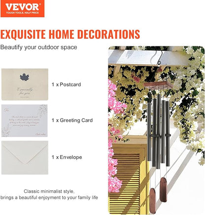 VEVOR 48" Deep Tone Wind Chimes – Large 5-Tube Memorial Wind Chimes, Hand-Tuned Aluminum Tubes, Black Outdoor Decor for Patio, Porch, Garden, for Anniversaries & Sympathy