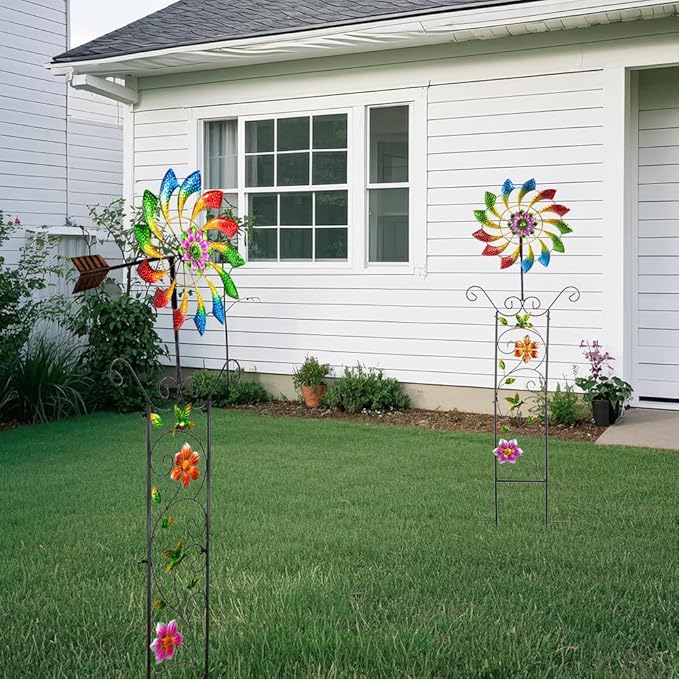 DREAMYSOUL Wind Spinner Outdoor, Colorful Wind Sculpture & Spinner, Weathervane with Decorative Trellis for Climbing Plants, Kinetic Wind Spinners for Yard