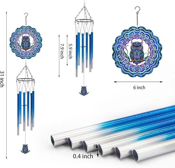Wind Chimes with Owl Wind Spinner, Gifts for Men, Women, Retirement, Teacher, Parents - Outdoor Hanging Decor Clearance for Garden, Patio, Backyard Or Porch