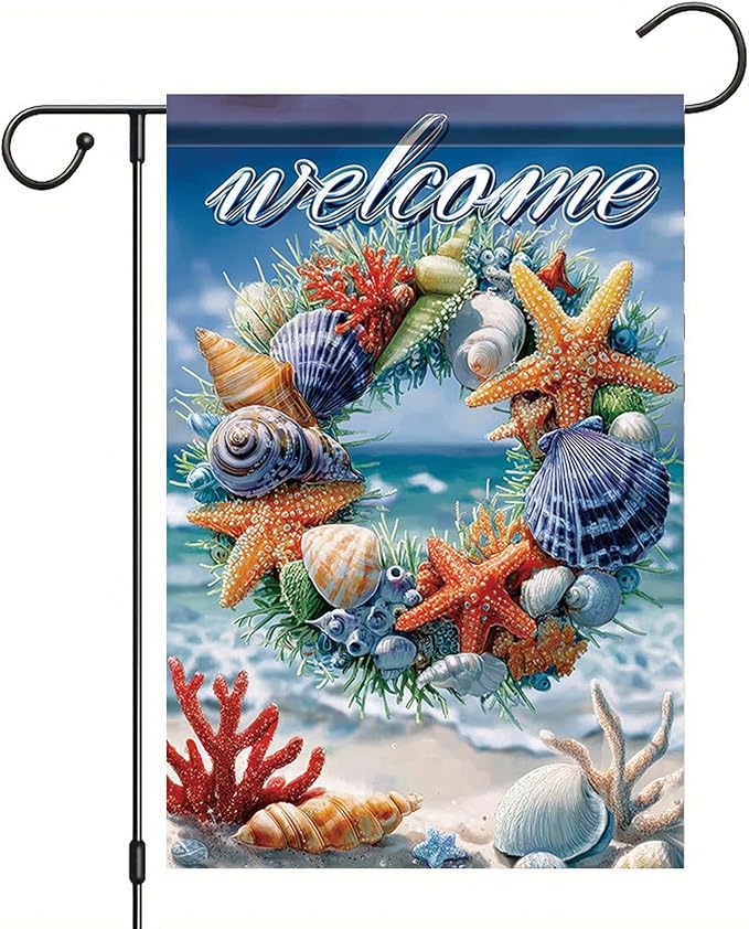 Spring Summer Garden Flag 12x18 Inch Coastal Welcome Seashell Starfish Coral Wreath Ocean Beach Design Outdoor Yard Porch Lawn for Seasonal Nautical Home Decor