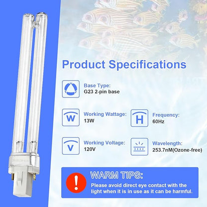 13W UVC Replacement Bulb for Pressurized Biological Pond Filter 1580 1840 2380 2630 GPH & 4-in-1 Pond Filter System Kits 950/1370 GPH, G23 Base UVC Light Bulb for Outdoor Ponds