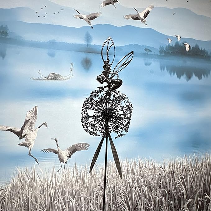 Flower Fairy Dancing with Dandelion Garden Sculpture,Angel Metal Ornaments Stainless Steel Statue Decorations,Wonderland Outdoor Yard Lawn Patio Stakes Sculptures Decor (C)