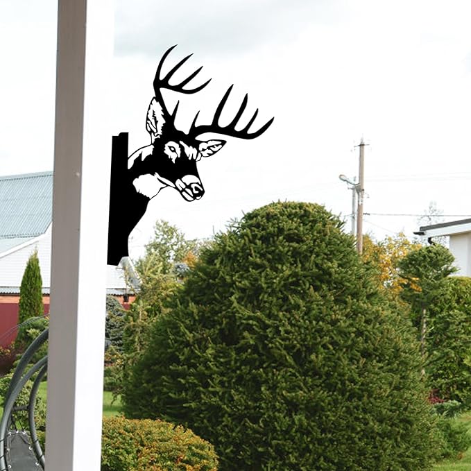 Peeping Metal Deer Decor - Black Deer Yard Art for Outdoor Tree, Fence, or Farmhouse Wall, 11.4" x 9.37" Weatherproof Metal Animal Silhouette (Screws Included)
