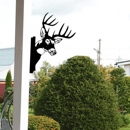 Peeping Metal Deer Decor - Black Deer Yard Art for Outdoor Tree, Fence, or Farmhouse Wall, 11.4" x 9.37" Weatherproof Metal Animal Silhouette (Screws Included)