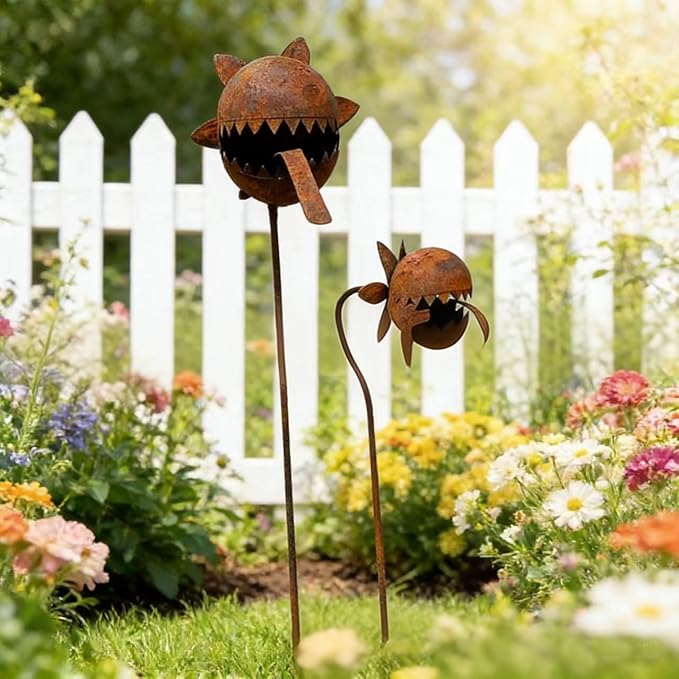 Metal Carnivorous Plant Garden Stake, Venus Flytrap Yard Art Decor, Outdoor Decorative Plant Stake Sculpture for Lawn Garden Patio Halloween Gothic Yard Decoration (Rusty-1set)