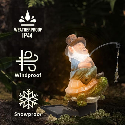 Garden Gnome Solar LED Turtle Fishing Pond Statue Decoration, Outdoor Koi Pond Waterfall Lawn Decor, 5.3" Poolside Statue with Ground Insertion