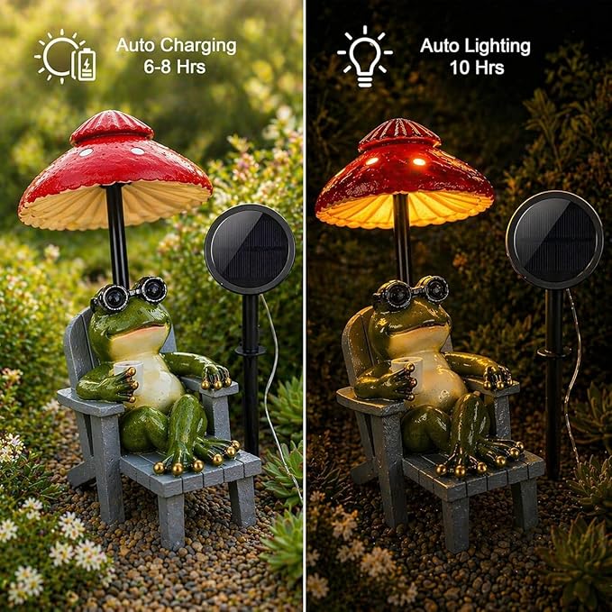 Magicnight Little Frog Garden Statue with mini Patio Mushroom Solar Lights Outdoor Figurines Halloween Home Decor Fairy Garden Accessories Small Lawn Ornaments 4.5"x4.5"x2.6"