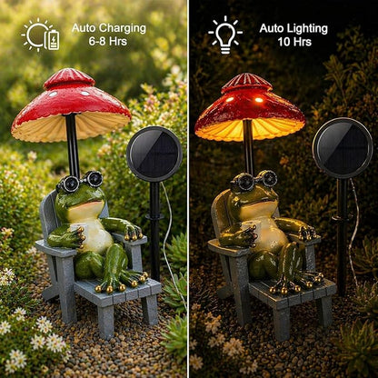 Magicnight Little Frog Garden Statue with mini Patio Mushroom Solar Lights Outdoor Figurines Halloween Home Decor Fairy Garden Accessories Small Lawn Ornaments 4.5"x4.5"x2.6"