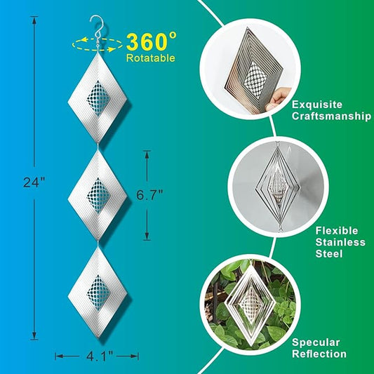 Shiny Metal Bird Reflectors Wind Spinners 360° Wind-Spinning Quiet Reflective Bird Deterrent Decor for Small Yard Orchard Bird-Prone Areas (Diamond-Shaped/Silver / 9 Pcs / 3 Set)