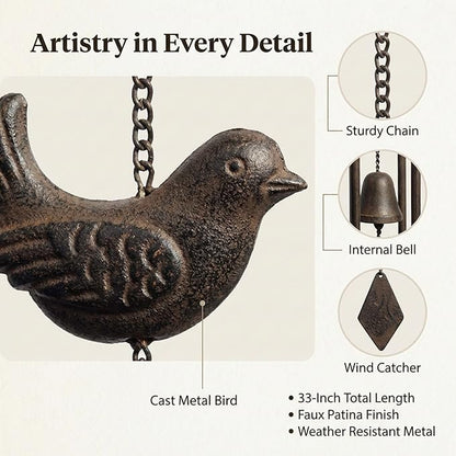 Anderson's Bird Wind Chimes, Antique Metal Outdoor Decor for Garden, Patio, Porch, or Memorial Gift, 33" Soothing Sound, No Assembly, Faux Patina Finish, Great for Relaxation & Meditation