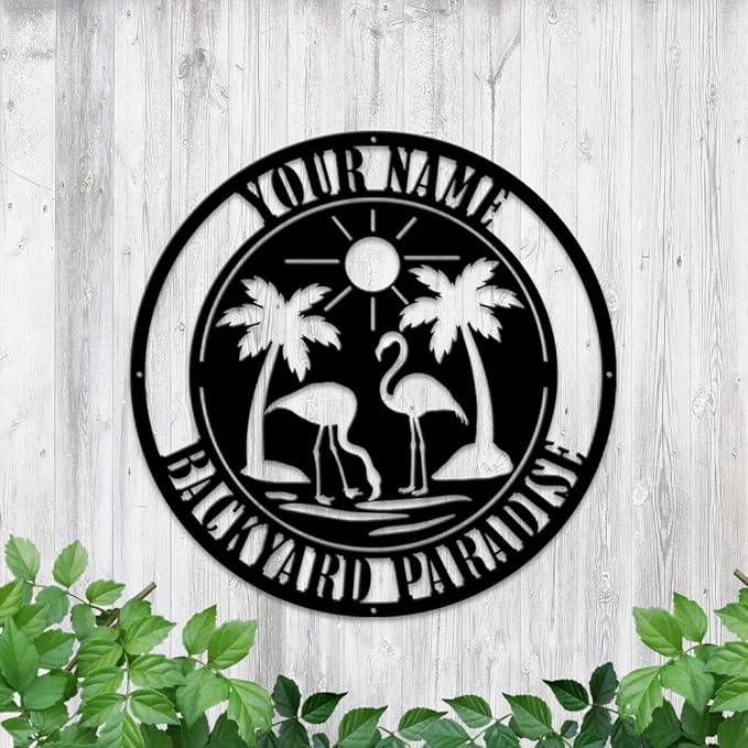 MeMate Flamingo Sign, Backyard Sign Outdoor Decor, Personalized Metal Sign for Backyard, Custom Name Signs for Patio Porch, Deck, 8-24 in Large Metal Sign for Outside, Housewarming Gifts