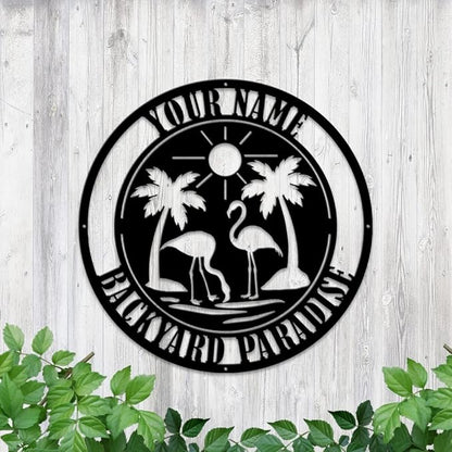 MeMate Flamingo Sign, Backyard Sign Outdoor Decor, Personalized Metal Sign for Backyard, Custom Name Signs for Patio Porch, Deck, 8-24 in Large Metal Sign for Outside, Housewarming Gifts