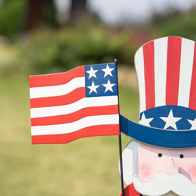 Glitzhome 4th of July Decorations, Uncle Sam Patriotic Yard Sign Stakes Decorations Outdoor, independence day Memorial Garden God Bless America Wall Decor