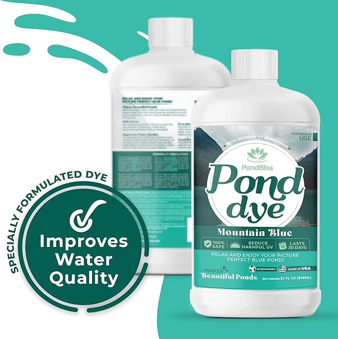Mountain Blue Pond Dye, Fish Safe 1 Acre Concentrate for Koi, Ornamental and Livestock Ponds - 1 Quart Liquid Dye (32oz)