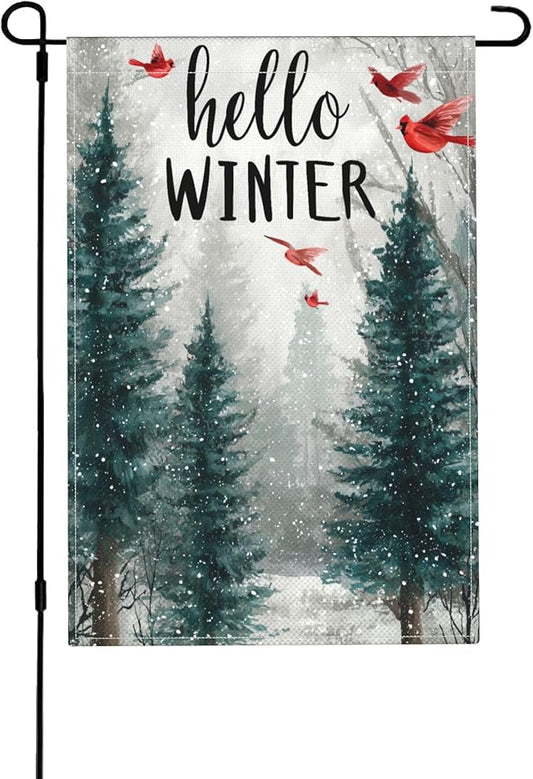 Hello Winter Garden Flag Seasonal Double Sided 12 x 18 Inch Small Yard Flag for Indoor Outdoor Decor Holiday All Seasons