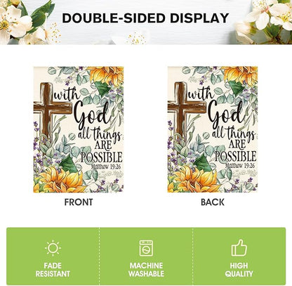 AVOIN colorlife Sunflower Spring Summer House Flag 28x40 Inch Double Sided Outside, With God All Things Are Possible Floral Yard Outdoor Decoration