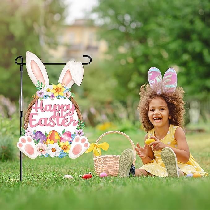 Easter Decorations Rabbit Garden Banner Double-Sided Printed Flag Bunny Yard Flags Bunting Outdoor House Yard Spring Seasonal Decoration Flower Egg