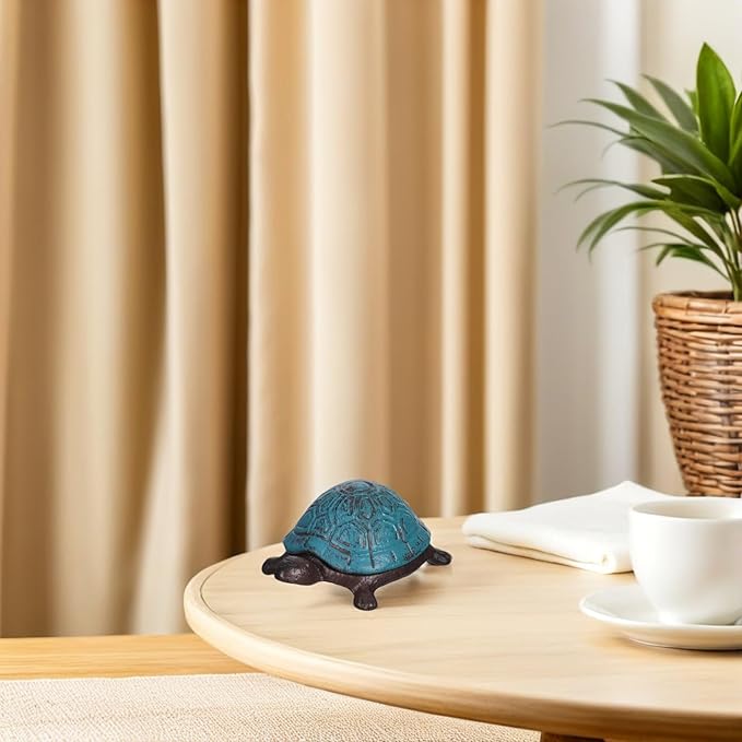 GLEAVI Cast Iron Turtle Key Hider Box Outdoor Garden Statue Hidden Extra Key Holder Sea Blue Vintage Tortoise Trinket Box for Patio Yard