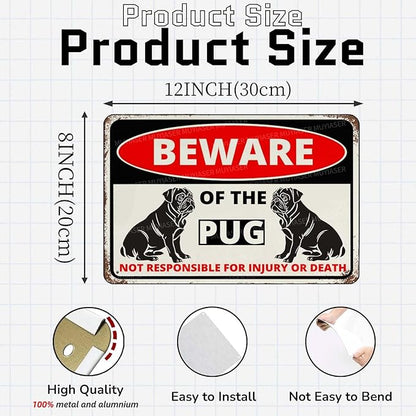Beware Of The Dog Pug Sign Aluminum Metal Tin Signs Outdoor Yard Sign Warning Sign For Fence Yard Home Kitchen Farm Garden Wall Decor 8x12 Inch