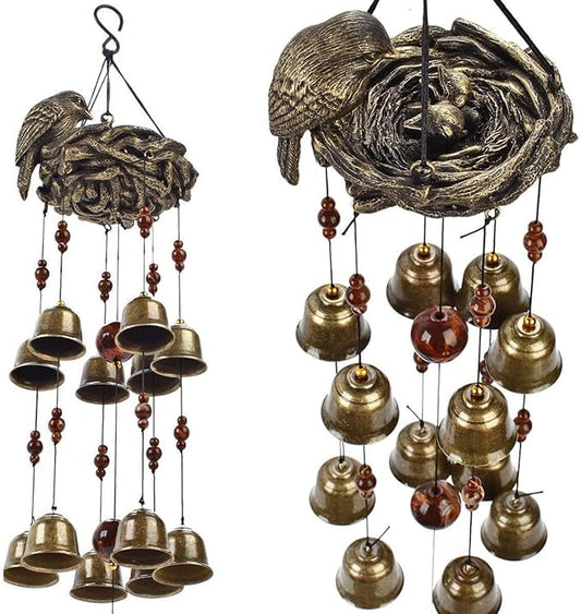 Bird Nest Wind Chime, Bird Bells Chimes with 12 Wind Bells for Glory Mother’s Love Gift, Garden Backyard Church Hanging Decor, Bronze