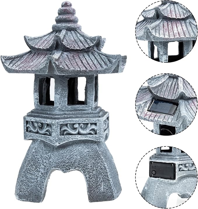 Yardwe Solar Pagoda Lantern Garden Statue Indoor Outdoor Zen Asian Decor for Landscape Balcony Garden Patio Porch Yard Ornament Grey
