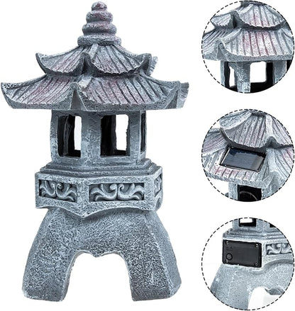 Yardwe Solar Pagoda Lantern Garden Statue Indoor Outdoor Zen Asian Decor for Landscape Balcony Garden Patio Porch Yard Ornament Grey