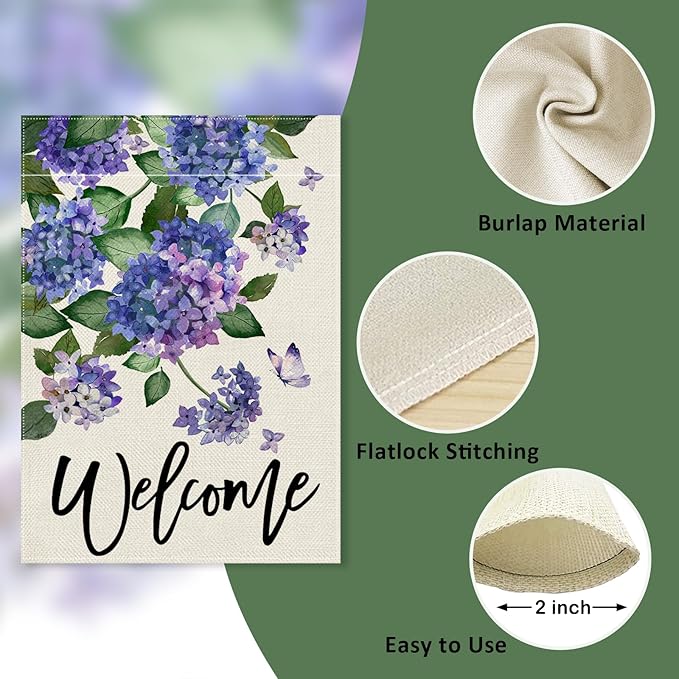 Welcome Spring Hydrangea Decorative Garden Flag, Purple Floral Flowers Butterfly Yard Outside Decorations, Summer Farmhouse Outdoor Small Home Decor Double Sided 12 x 18