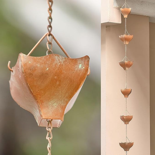 8.5 Feet Metal Rain Chain - Replacement for Gutter Downspouts - Rain Catcher for Outside - Verdigris Finish