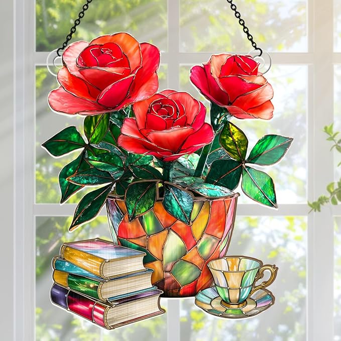Jesuspirit - Window Hanging Suncatcher – Crystal Clear Acrylic & Wood Sun Catcher for Home Decor, for Women (Nostalgic Roses, Books, and Tea, 6 Inches)