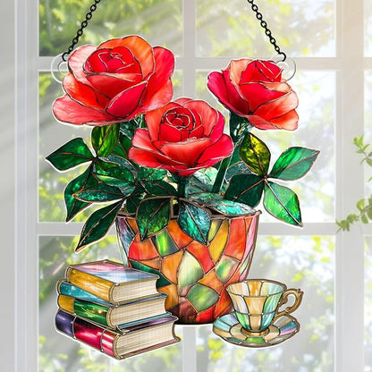 Jesuspirit - Window Hanging Suncatcher – Crystal Clear Acrylic & Wood Sun Catcher for Home Decor, for Women (Nostalgic Roses, Books, and Tea, 8 Inches)