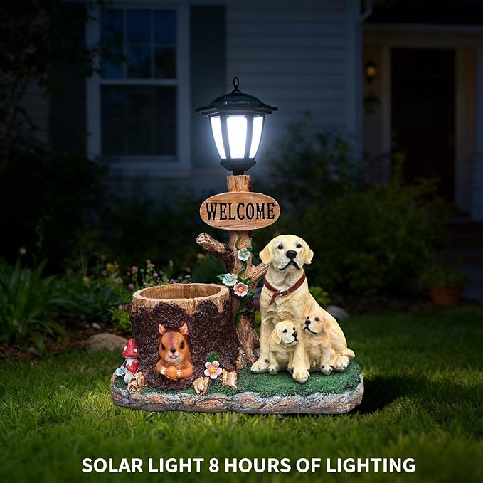20" Solar Labrador Garden Statue with Welcome Sign & Planter - Large Dog Sculpture with LED Street Lantern - Weatherproof Resin Decorative Flower Pot for Porch, Yard & Patio - Pet Lover Gift