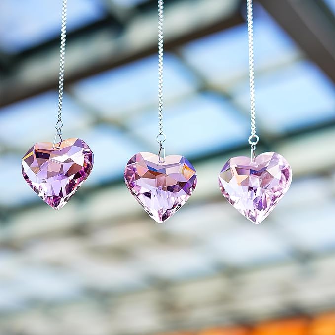 H&D HYALINE & DORA Pink Heart Crystals Suncatcher Hanging Heart Sun Catcher with Chain Pendant Ornament for Window Home Garden Christmas Tree Party Wedding Decor(3 Pack)