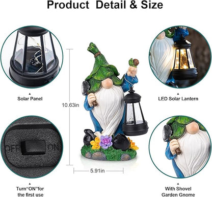 ZQQLITE Solar Garden Gnome Statue – Outdoor Decorations Funny Leprechaun Figurine with LED Lantern Waterproof Resin Leaf Hat Dwarf Sculpture for Patio Lawn Yard Art and Housewarming Gift